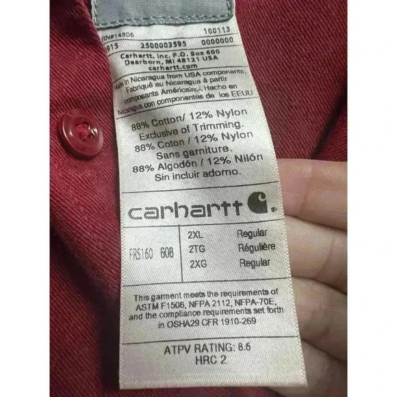 Carhartt Flame-Resistant Classic Twill Button Down Shirt Red 2XL - Picture 4 of 8